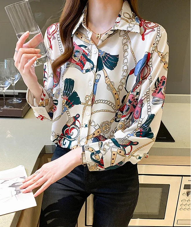 Fashion chain print ladies shirts Spring Women Blouses Long Sleeve Shirts Tops