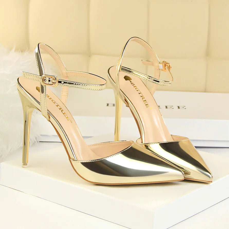 Women 10.5cm High Heels Sandals Lady Metallic Gray Patent Leather Stripper Ankle Strap Sandals Wedding Fetish Nightclub Shoes