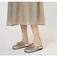 Versatile woven closed-toe sandals with bow and hollow-out design, new summer breathable soft-soled women's sandals