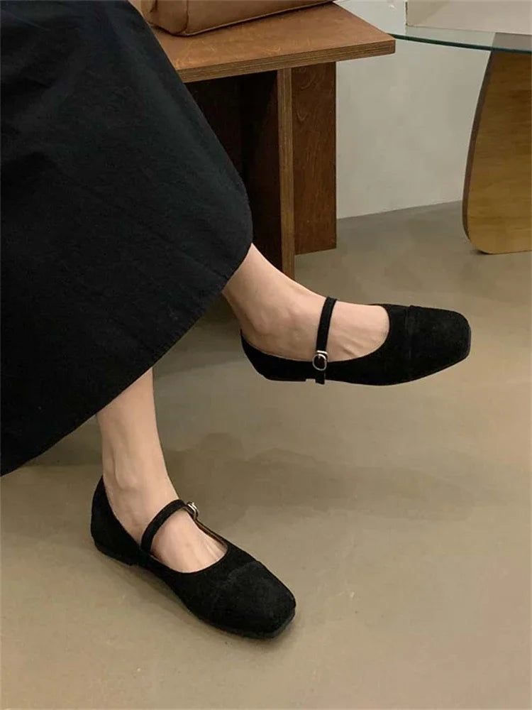 Streetwear Velvet Mary Jane Shoes for Women Casual Ballet Flats Pumps Female Ladies Loafers Buckle Single Mules