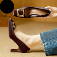 Basic Shallow Square Toe Women Pumps High Quality PU Leather Matte Thick Heel Office Shoes Woman Maroon 7CM High Heels