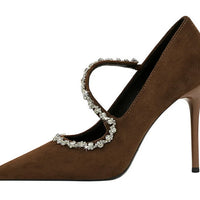 Banquet Pointed Toe High Heels Diamond Chain One-Strip Thin Heel Super High Heels Light Mouth Elegant Lace-Up