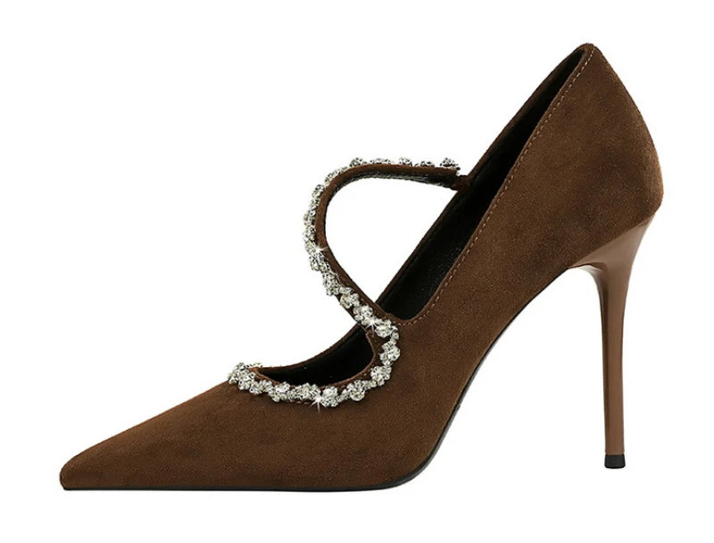 Banquet Pointed Toe High Heels Diamond Chain One-Strip Thin Heel Super High Heels Light Mouth Elegant Lace-Up