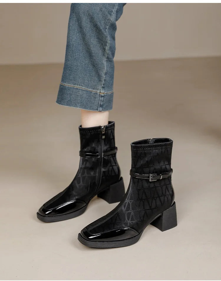 Women's Side Zipper Boot High Heel Short Boot Winter Mid-Calf Boot Chinese Style National Wedding Boot