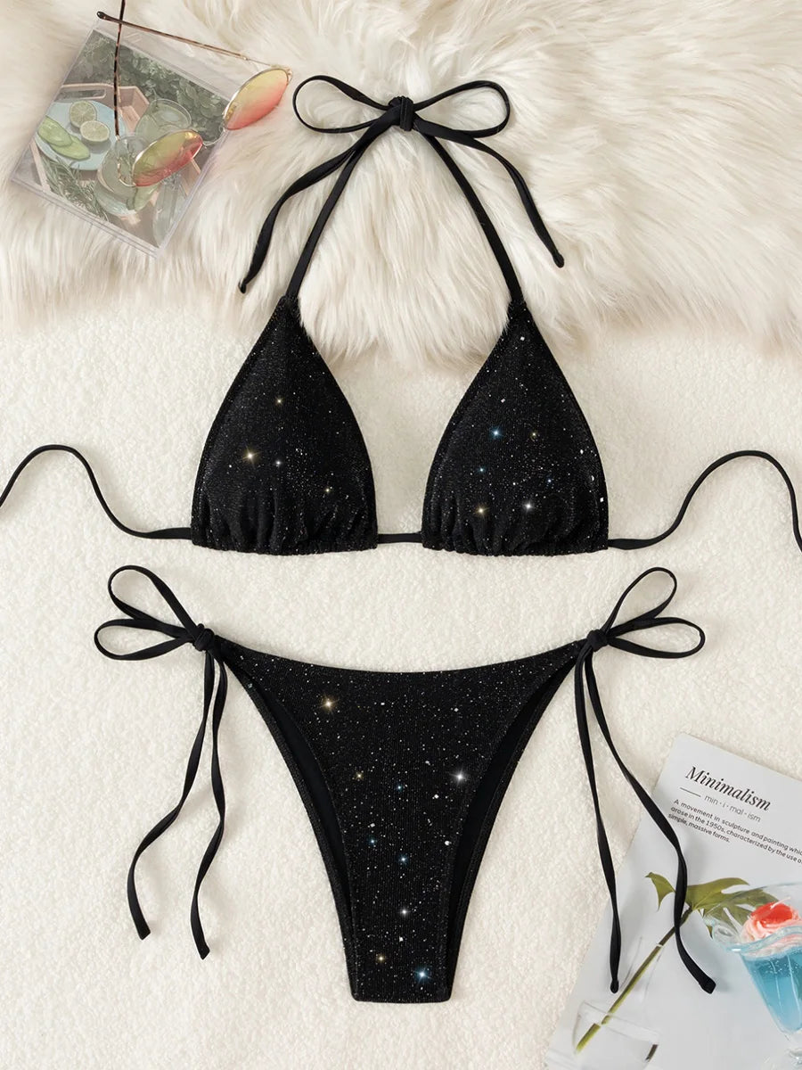Shiny Sparkling Halter Strappy Bikini High Cut Bikinis Female Swimsuit Women Swimwear Two-pieces Bikini Set Bathing Suit