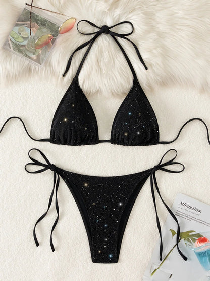 Shiny Sparkling Halter Strappy Bikini High Cut Bikinis Female Swimsuit Women Swimwear Two-pieces Bikini Set Bathing Suit