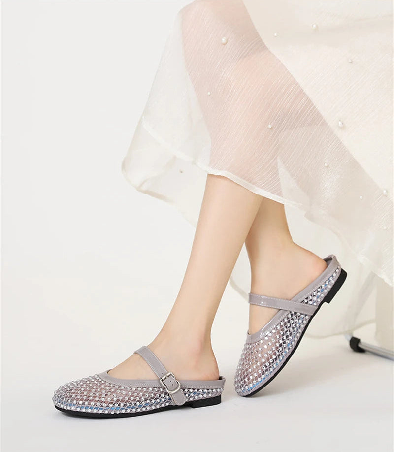 Luxury Shinny Diamond Women Mules Slippers Summer Shoes Crystal Footwear Rhinestones Slip On Brand Mary Jane Sandals Mesh Clogs