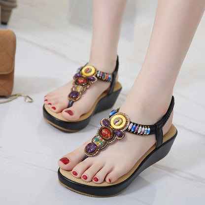 Sandals Women PU Flip Flops Casual Shoes Woman Beading Elastic Band Wedges Sandals Ethnic Style Fashion Flats - Natalia Home Fashion