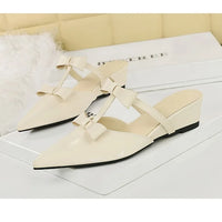 French Wedge Heel Pointed Head Sandals Versatile Bow Medium Heel Half Slippers Women