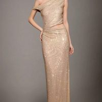 Fashion Water Diamond Slanted Shoulder Hollowed Out Sparkling Party Dress Women's Ankle-length Dresses