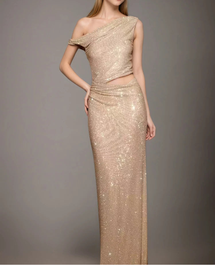 Fashion Water Diamond Slanted Shoulder Hollowed Out Sparkling Party Dress Women's Ankle-length Dresses