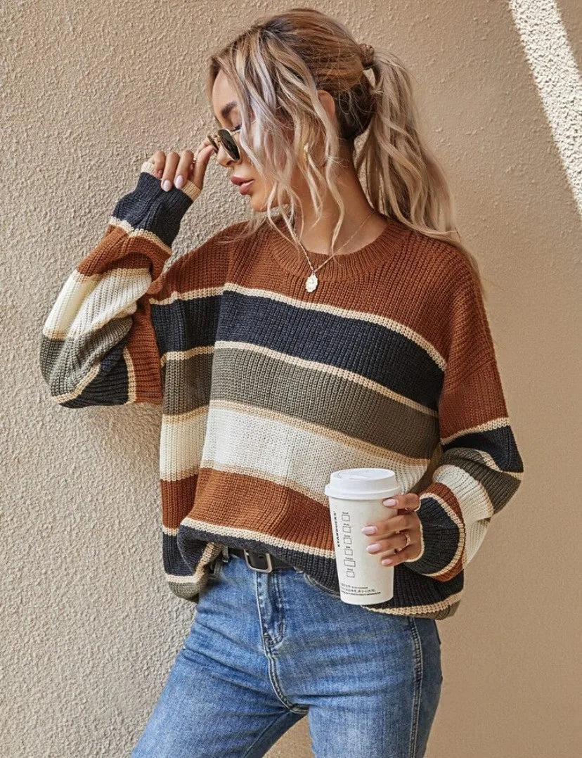 Women's Winter Clothing Oversized Striped Round Neck Ribbed Casual Sweater for Women Women's And Female Clothing Women's Winter Natalia Home Fashion    Natalia Home Fashion