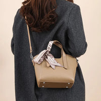 Pure Leather Cowhide Single Shoulder Crossbody Bag Ladies Handbag Fashion Bucket Bag Simple Basket Comes with Scarf