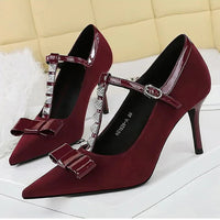 Banquet Bow Rivet T-button Pointed Head High Heel Women's Single Shoes