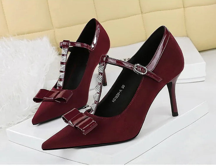Banquet Bow Rivet T-button Pointed Head High Heel Women's Single Shoes