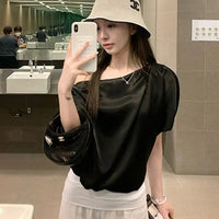 French Acetate Satin Short Sleeve Shirt Women Summer Beautiful Shirt Short Design Loose Slim Slanted Shoulder Top