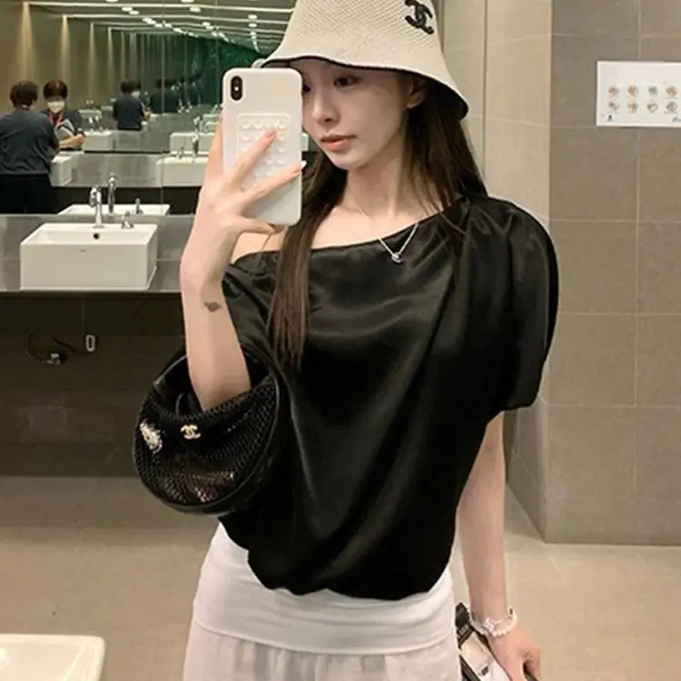 French Acetate Satin Short Sleeve Shirt Women Summer Beautiful Shirt Short Design Loose Slim Slanted Shoulder Top