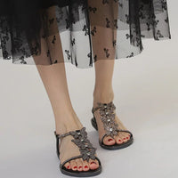 Single-strap rhinestone bow flat sandals, new summer fashion, simple and stylish, suitable for outdoor wear, Roman beach shoes