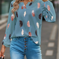 Fashion Woman Blouse Shirts For Women Stylish Top long Sleeve Feather Pattern Female Tops Elegant Chiffon Mujer Woman Clothes Natalia Home Fashion    Natalia Home Fashion