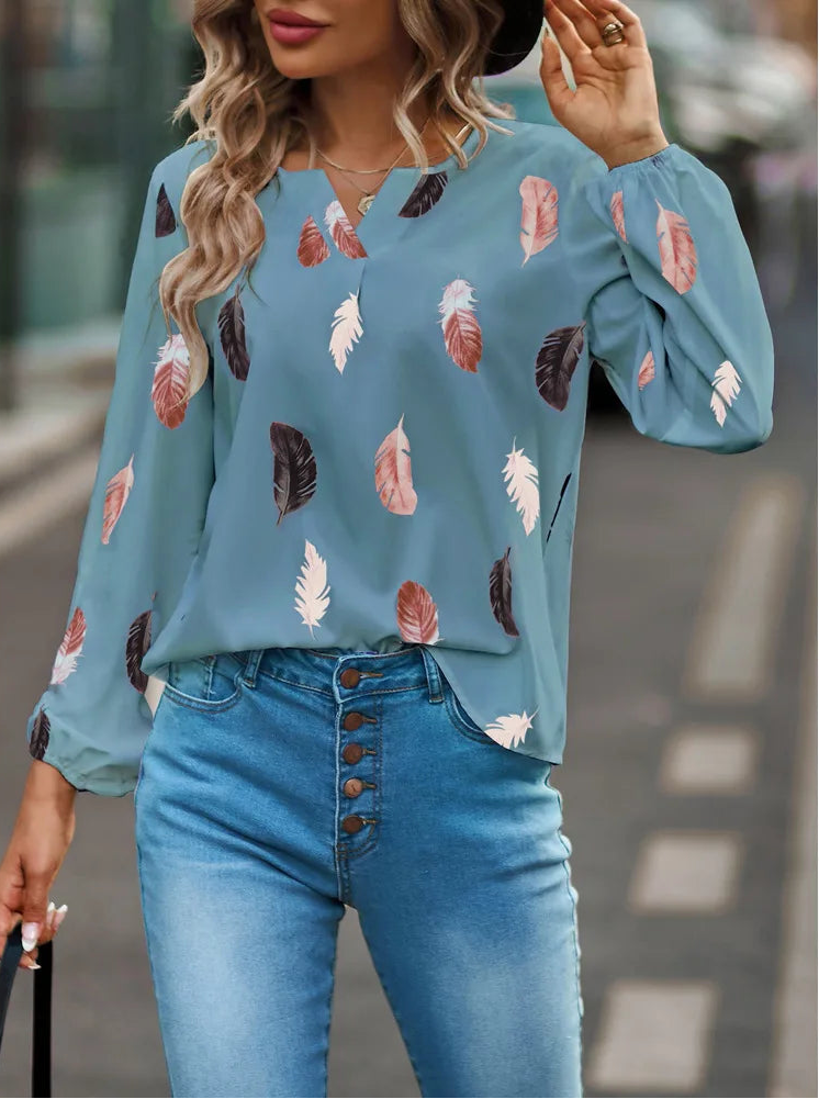 Fashion Woman Blouse Shirts For Women Stylish Top long Sleeve Feather Pattern Female Tops Elegant Chiffon Mujer Woman Clothes Natalia Home Fashion    Natalia Home Fashion