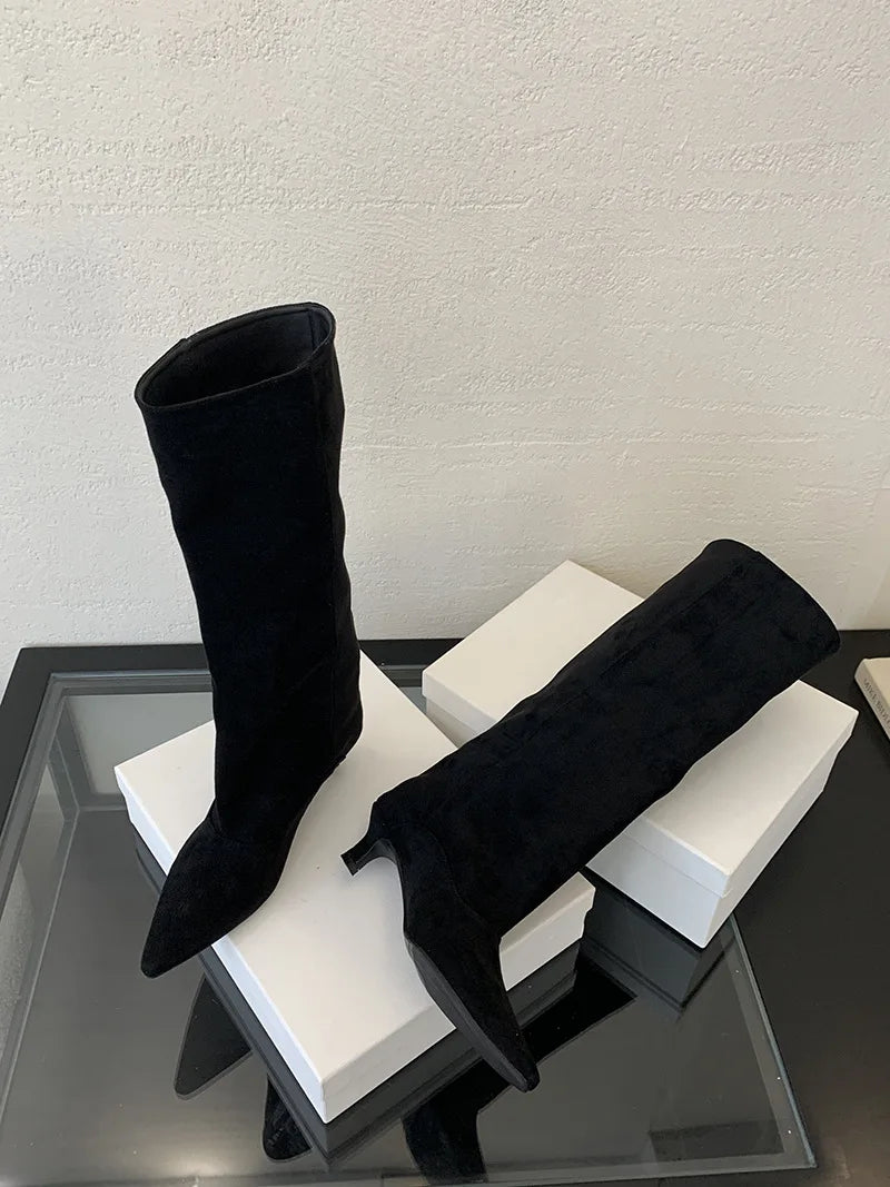 Street Style Pointed Toe Knee-High Boots Women Low Heels Shoes Female Long Booties Women Shoes