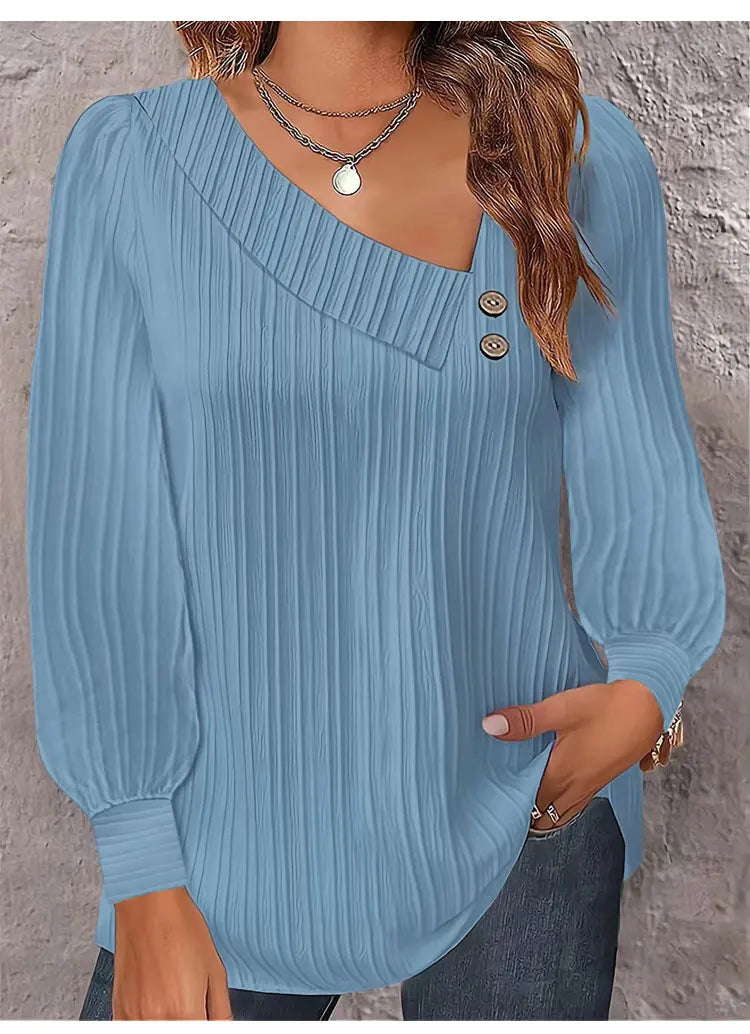 Simple Button V-neck Pullover Women's Solid Long Sleeve Casual T-shirts Elegant Lady Blouses
