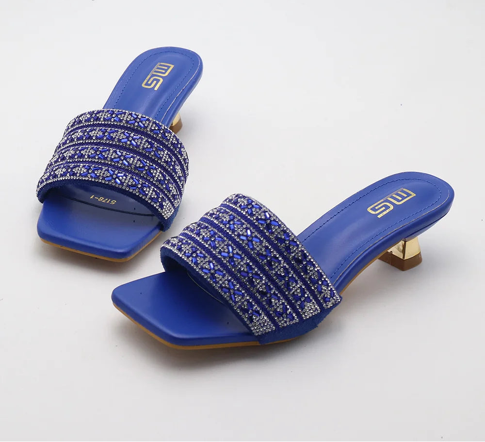 Low Heel Slippers Elegant Lady Square Toe Sandals Luxury Rhinestone High Heels Mules  Slip-on Women Shoes - Natalia Home Fashion