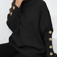 Loose Knitted High Collar Turn-down Collar Sweater for Women Full Sleeve Polyester Fiber Cross-Border Fashion Decorative Button