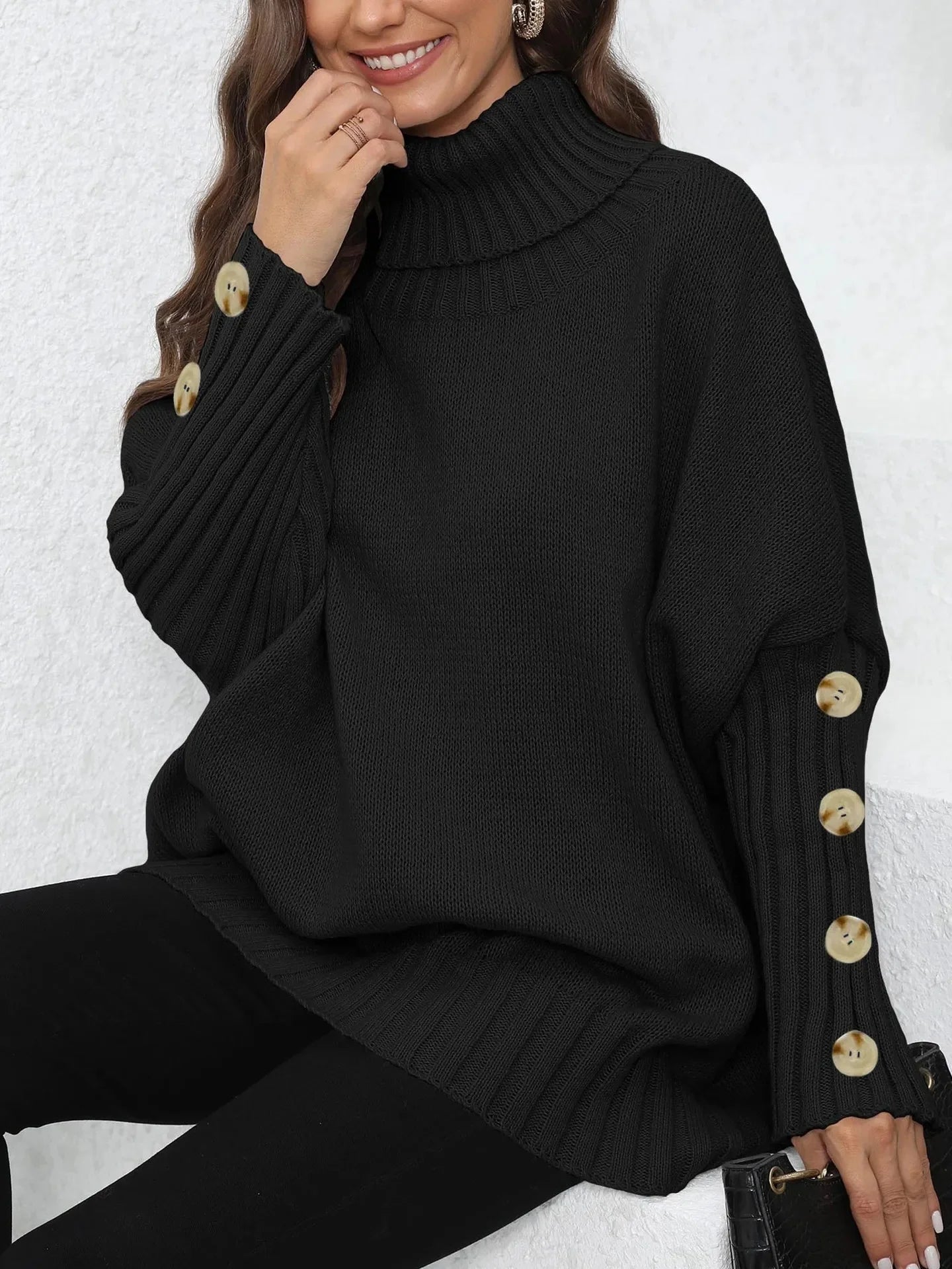 Loose Knitted High Collar Turn-down Collar Sweater for Women Full Sleeve Polyester Fiber Cross-Border Fashion Decorative Button