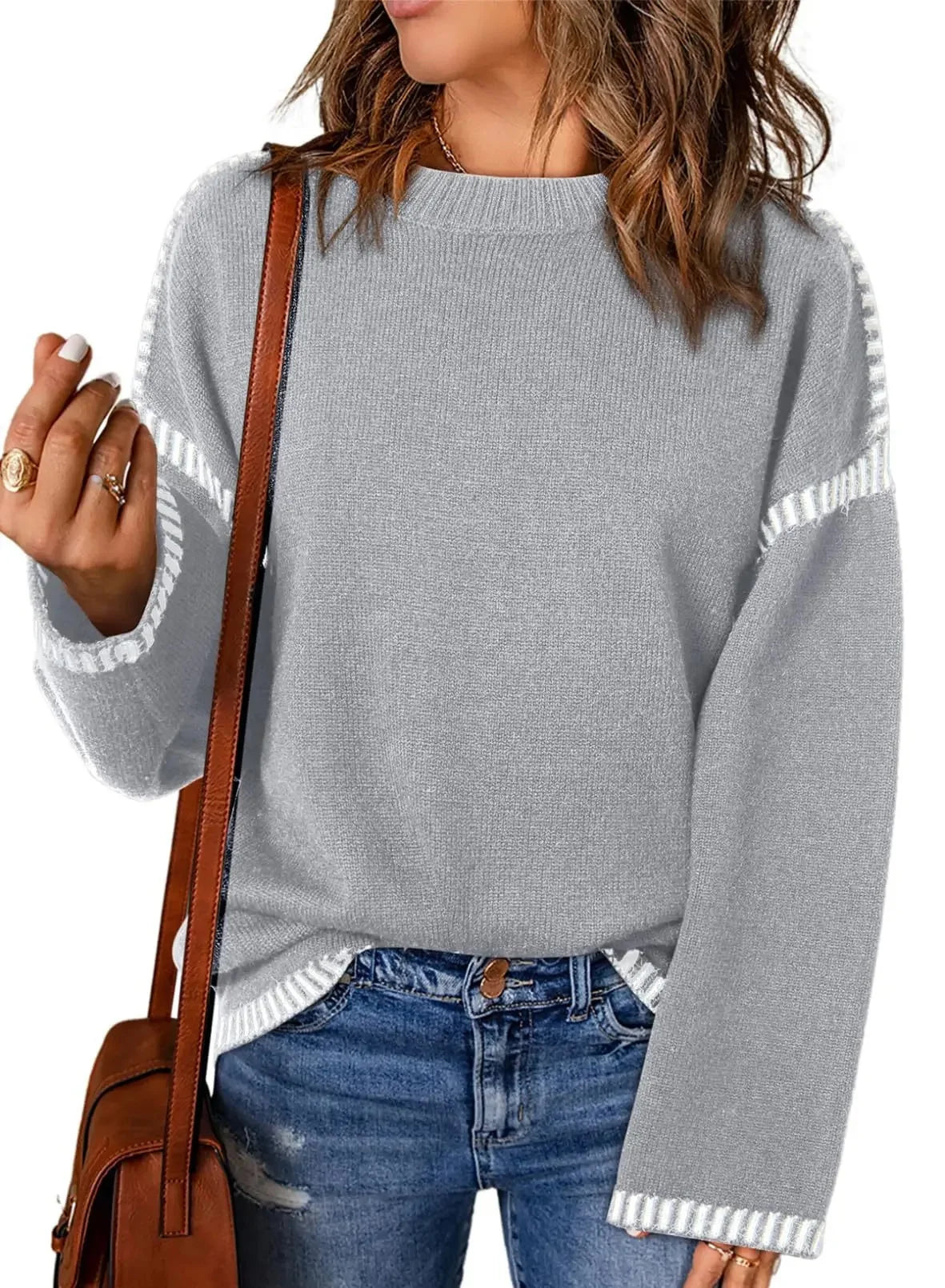Women's Loose Long Sleeve Crew Neck Knitted Sweater Thickened Polyester Fiber Pure Color Tassel Knitwear