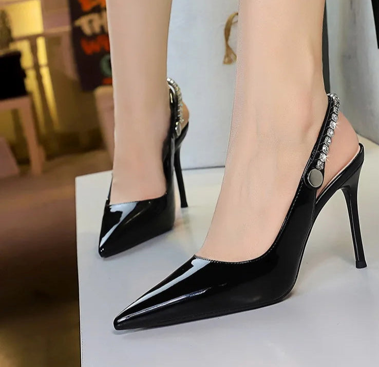 Fashion Women Pointed Toe Patent Leather High Heels Shallow Vamp Rhinestone Decorated Backless Strap Dress Shoes