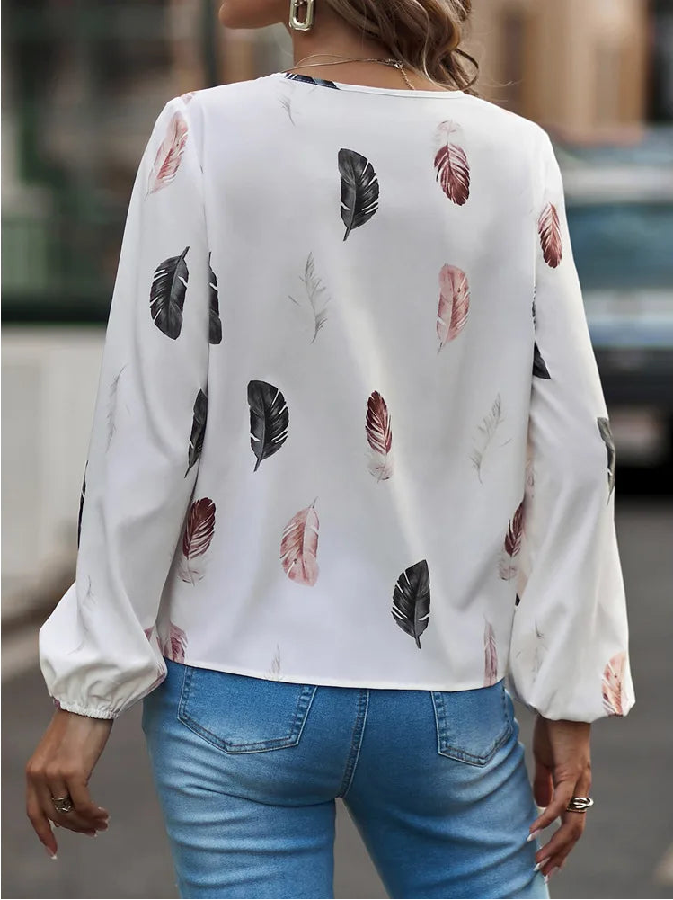 Fashion Woman Blouse Shirts For Women Stylish Top long Sleeve Feather Pattern Female Tops Elegant Chiffon Mujer Woman Clothes Natalia Home Fashion    Natalia Home Fashion