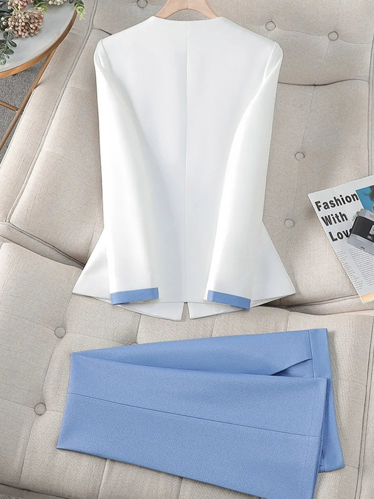 Elegant Blazer for Women Office Fashion Long Sleeve Suits Contrast Color Button Down Pant Suits