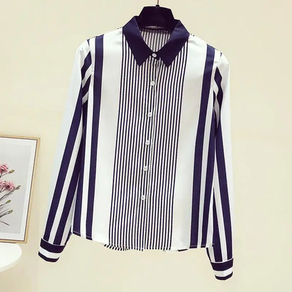 Office Lady Turn-down Collar Straight Loose Button Dress Shirts Blue Striped Long Sleeve Blouses Spring Thin Women's Clothing