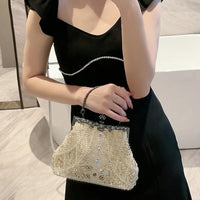 Pearl & Diamond Kiss Lock Clutch Bag Floral Handle Party Bag Metal Chain Cocktail Crossbody Bag