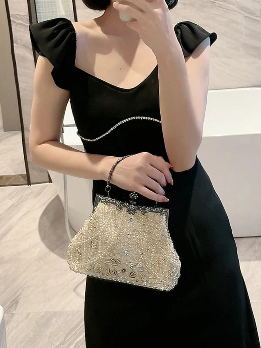 Pearl & Diamond Kiss Lock Clutch Bag Floral Handle Party Bag Metal Chain Cocktail Crossbody Bag