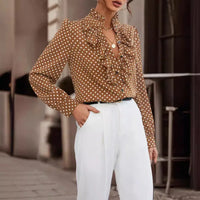 Long Sleeve Button Shirt Fashion Polka Dot Print Ruffle Women Shirts Blouses Elegant Office Lady Casual Top