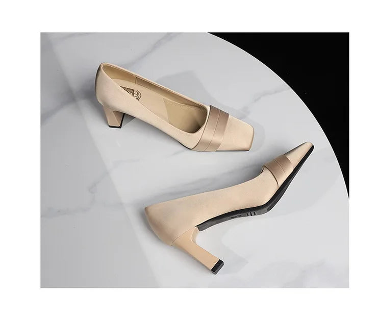 Elegant Satin High Heels Square Toe Slip-On Chunky Heel Comfortable Women's Shoes for Party Fashion Footwear Summer Autumn