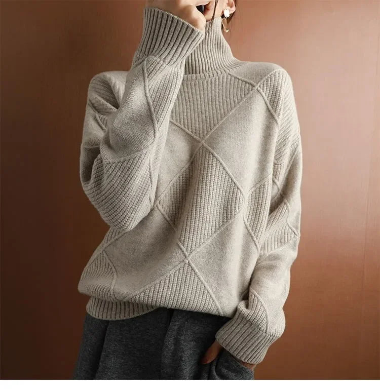 Turtleneck Sweater Diamond Solid Color Warm Pullover Loose Lazy Wind Knitted Bottoming Shirt Pullovers Tops Jumper