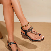 Bohemian Style Women's Sandals Summer Fashion Beach Slope Heel Slippers Beaded Diamond Slip-On round Toe PU Lined Mid Heel
