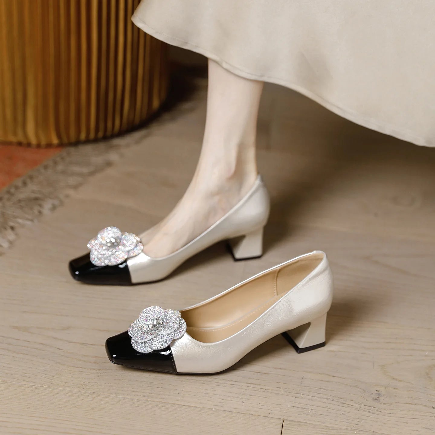 Rhinestone Camellia Flower Women's Shoes Square Toe Thick Heels 5cm Ladies Pumps Party Shoes