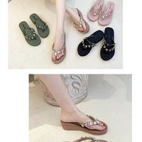 Women Slippers Fashion Summer New Water Diamond Flip Flops Women Outwear Thick Sole Slope Heels Beach Vacation Slippers