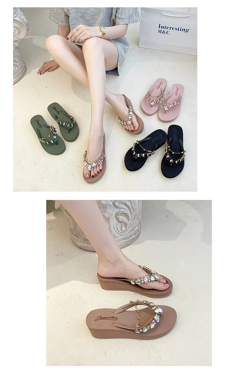 Women Slippers Fashion Summer New Water Diamond Flip Flops Women Outwear Thick Sole Slope Heels Beach Vacation Slippers