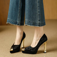 Fashion Women's Shoes Thin Block Heels 11cm Pointed Toe Shallow Mouth Ladies Pumps Party Shoes