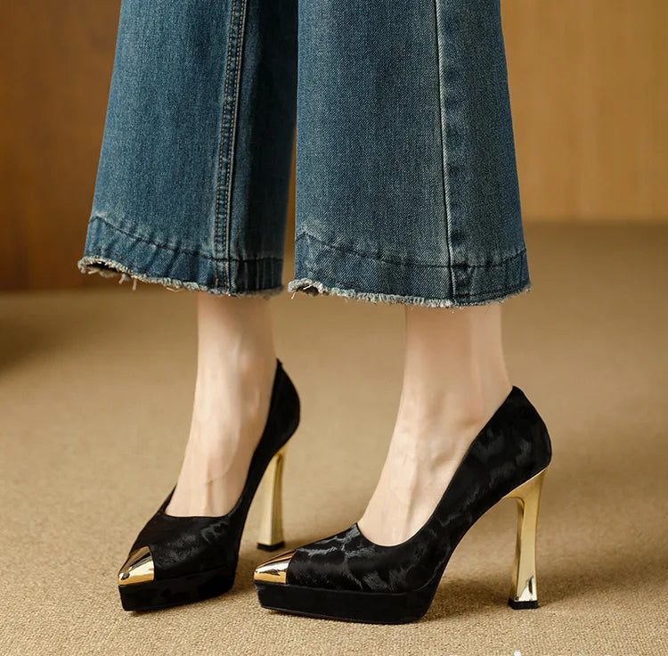 Fashion Women's Shoes Thin Block Heels 11cm Pointed Toe Shallow Mouth Ladies Pumps Party Shoes