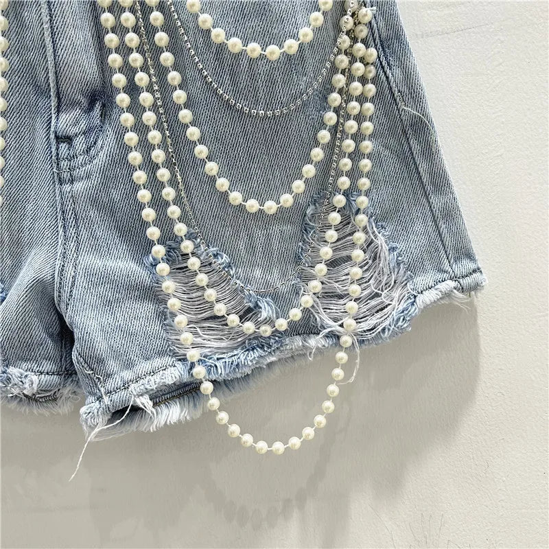 Denim Summer Shorts for Women's Bottoms Pearls Fashion Casual Shorts