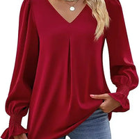 Fashion Simple Solid Color Pullover Shirt Women Loose V-neck Flared Sleeve Shirts Top Female Elegant Commuting Clothing
