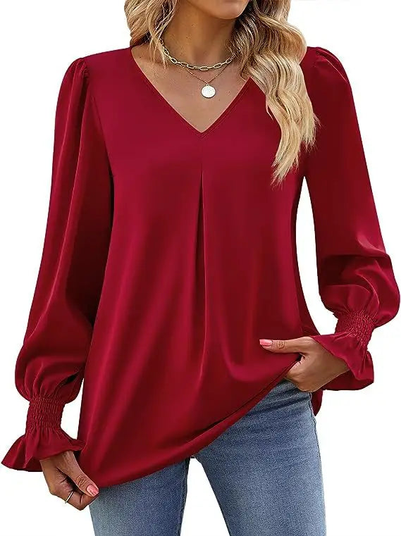 Fashion Simple Solid Color Pullover Shirt Women Loose V-neck Flared Sleeve Shirts Top Female Elegant Commuting Clothing
