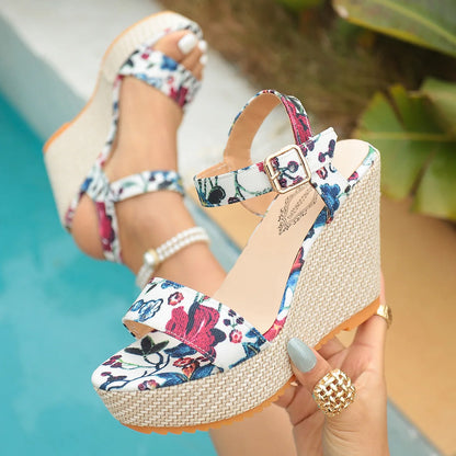 Bohemian Thick Heel Platform Sandals Women's Flip Flops Flower Ribbon Beach Shoes Comfortable round Toe Roman Style