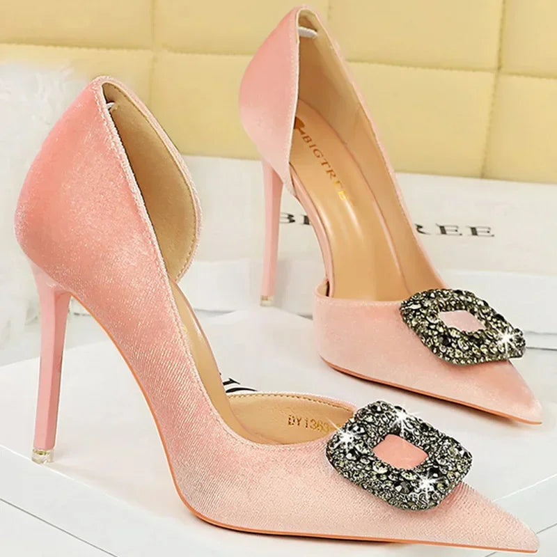 Women 10.5cm Super High Heels Pointed Toe Side Hollow Work Pumps Metal Crystal Buckle Velvet Stiletto Fashion Banquet Lady Shoes